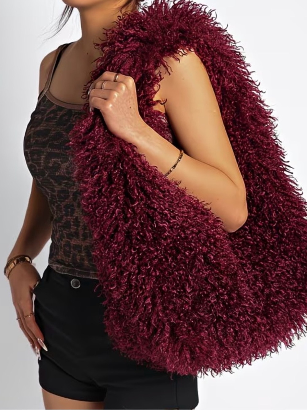 Plush Burgundy Faux Fur Shoulder Bag - Picture 2 of 5